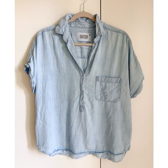 Grayson Denim Chambray Cropped Blouse Size 02 Classic Minimalist Closet Staple - Picture 1 of 8